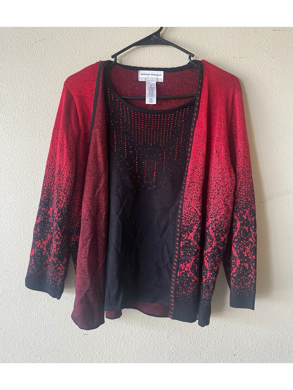 Alfred Dunner sweater Petite PXL Red Black Geometric Knit Metallic Beaded